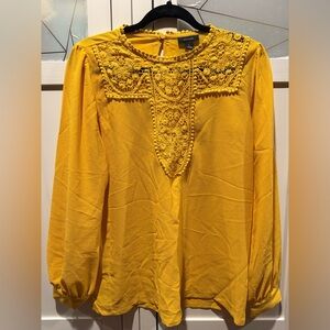 Halogen Mustard Yellow Lace Blouse XS Boho Long Sleeve Pom Trim Top